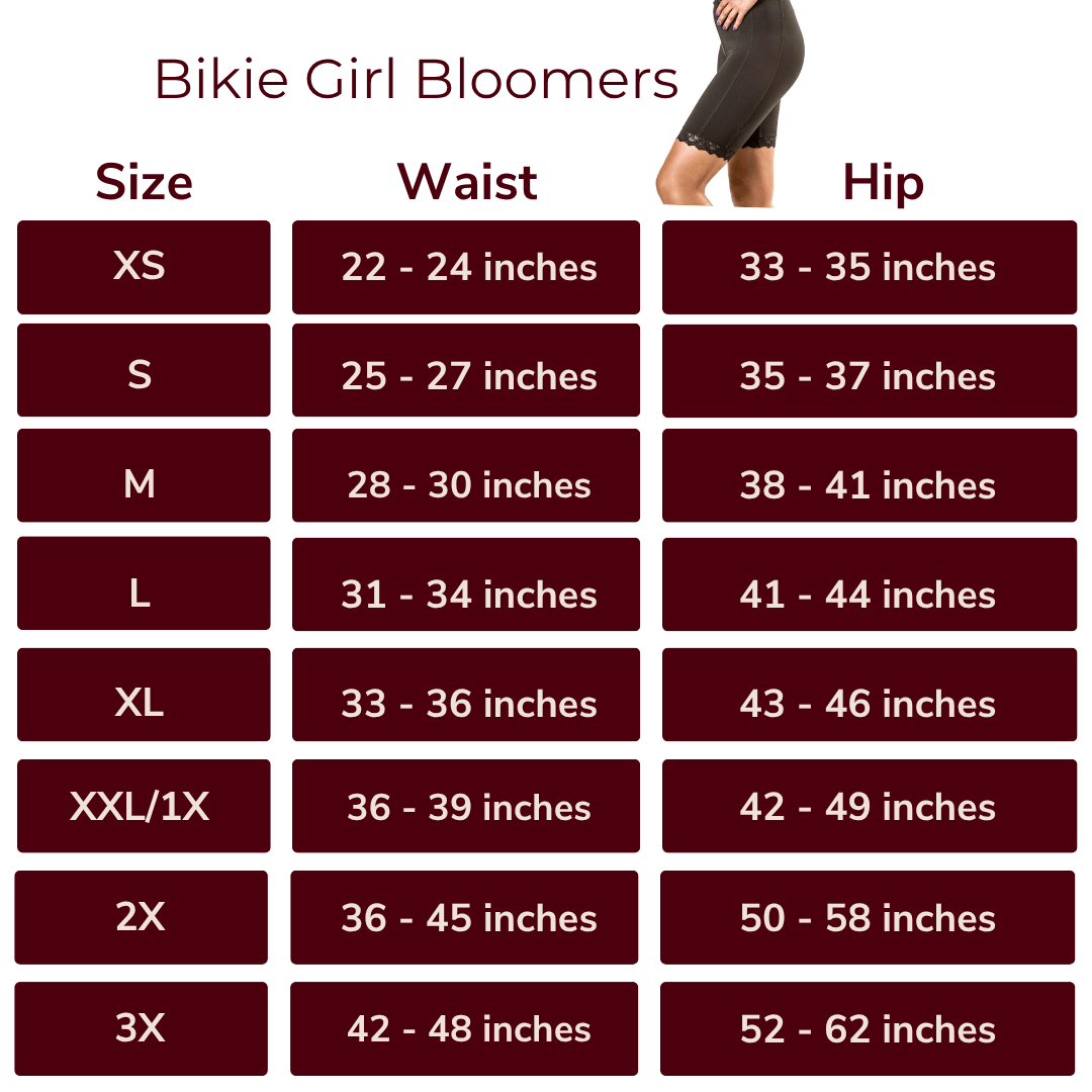 Size chart for Bikie Girl Bloomers showing waist and hip measurements in inches for sizes XS to 3X. XS: 22–24” waist, 33–35” hip; S: 25–27” waist, 35–37” hip; M: 28–30” waist, 38–41” hip; L: 31–34” waist, 41–44” hip; XL: 33–36” waist, 43–46” hip; XXL/1X: 36–39” waist, 42–49” hip; 2X: 36–45” waist, 50–58” hip; 3X: 42–48” waist, 52–62” hip.