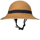 Front view of a straw-hat-style bicycle helmet featuring a woven texture, a black ribbon band tied at the back, and a black chin strap, shown against a white background.