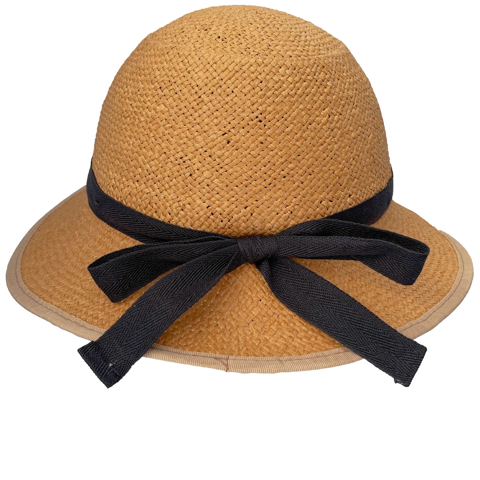 Rear view of a straw-hat-style bicycle helmet, featuring a woven texture and a black ribbon band tied in a bow. The brim’s edge is trimmed in beige. The helmet is shown against a white background.
