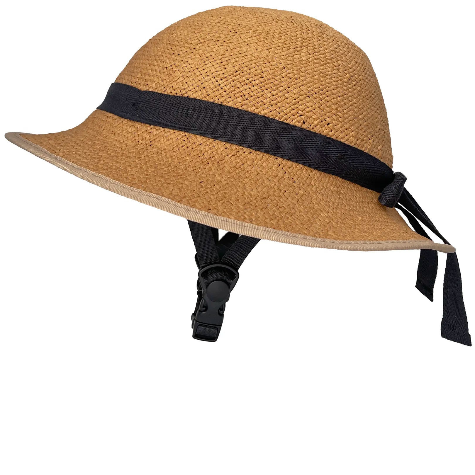 Side-profile view of a straw-hat-style bicycle helmet with a woven texture, black ribbon band tied at the back, and the helmet’s black chin strap, set against a white background.