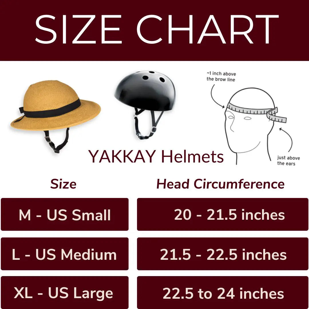 YAKKAY Helmet Size Chart
-----------------------
Measurement Guide:
- Measure approximately 1 inch above the brow line and just above the ears.
Sizes and Head Circumference:
- M (US Small): 20 to 21.5 inches
- L (US Medium): 21.5 to 22.5 inches
- XL (US Large): 22.5 to 24 inches