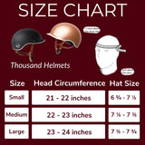 Size chart for Thousand Helmets showing sizes Small, Medium, and Large. Measurements in inches and corresponding hat sizes: Small (21-22 inches, 6¾-7⅛), Medium (22-23 inches, 7⅛-7⅜), Large (23-24 inches, 7⅜-7¾)