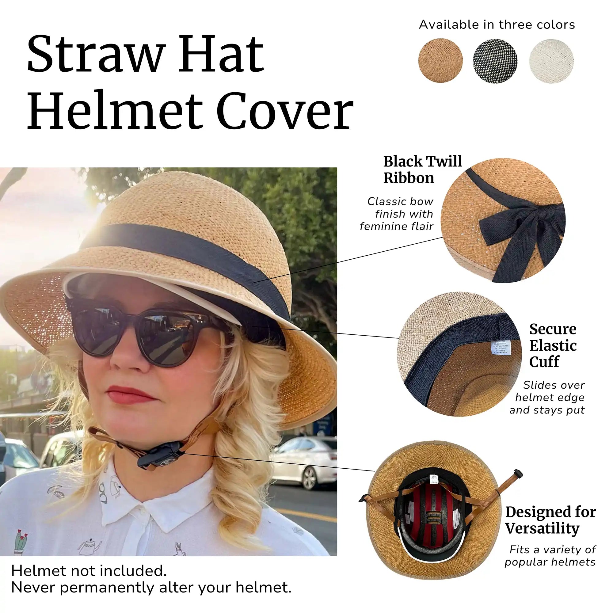 Woman wearing a Bike Pretty straw hat helmet cover with call-outs highlighting the black twill ribbon, secure elastic cuff, and compatibility with various bike helmets.