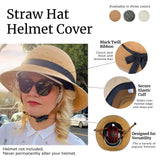 Woman wearing a Bike Pretty straw hat helmet cover with call-outs highlighting the black twill ribbon, secure elastic cuff, and compatibility with various bike helmets.