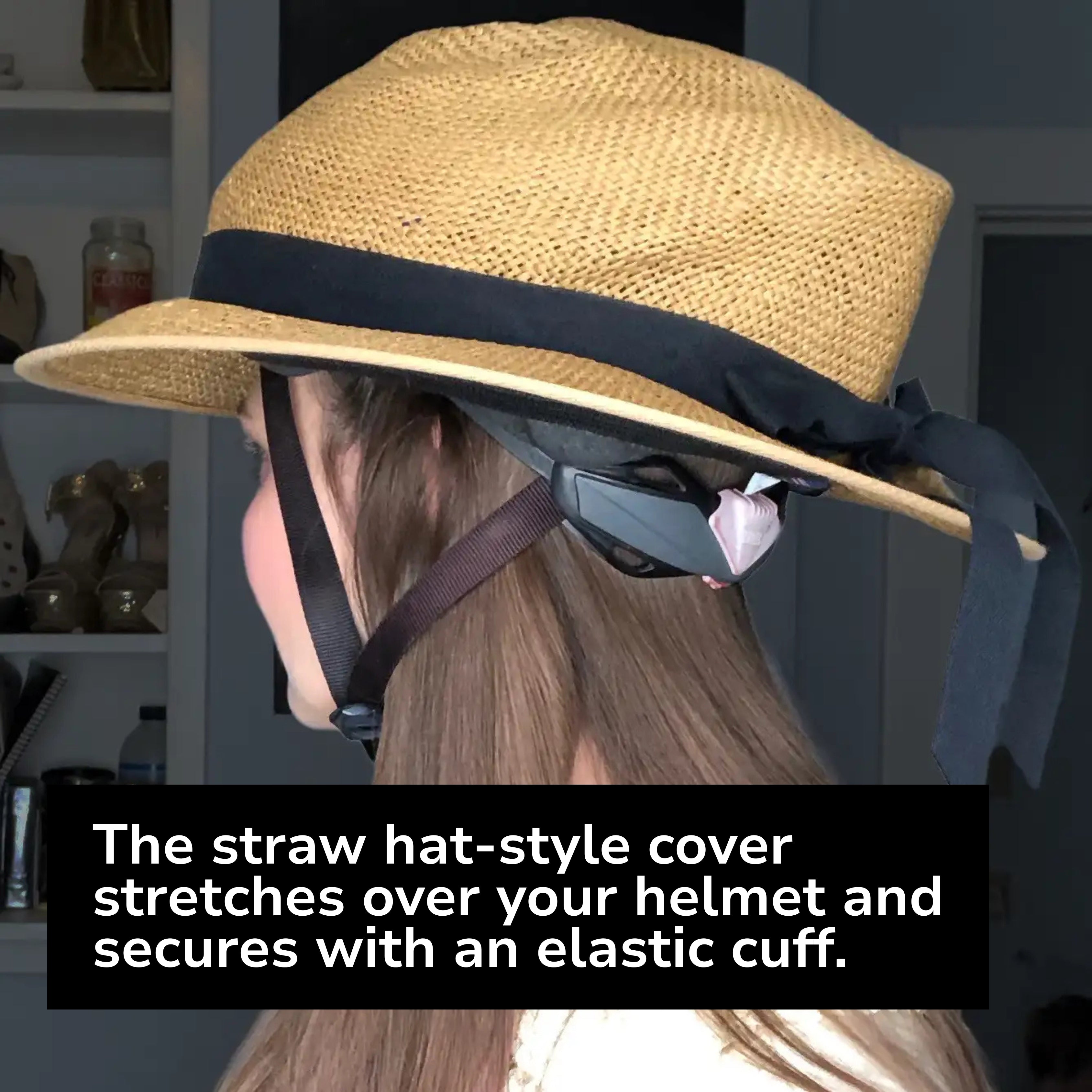 Side view of the Bike Pretty straw hat helmet cover styled over a bicycle helmet, highlighting the hat’s shape and ribbon detail.