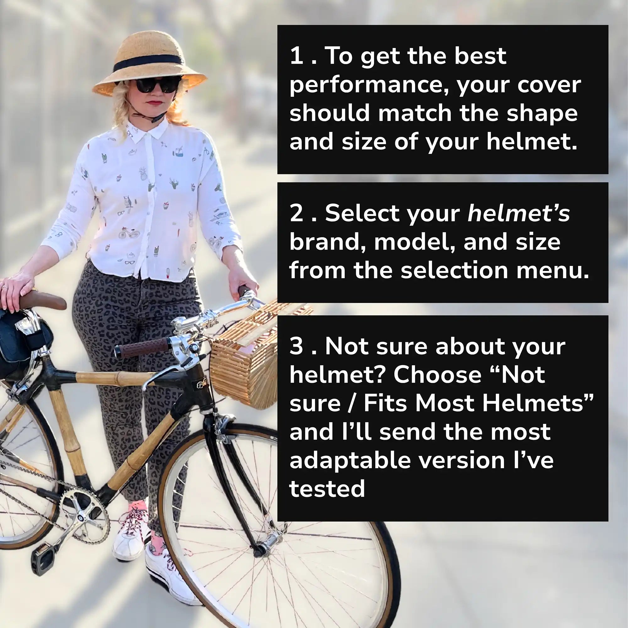 Woman walking her bike while wearing a straw hat helmet cover, with text explaining how to select the correct cover size based on helmet brand, model, and shape.