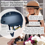 Helmet fitting guide showing a woman in a straw hat helmet cover and close-up of a bike helmet with labeled tips: position helmet 1 inch above eyebrows, shorten front Y-straps, adjust rear dial, and align side clasps to form a “V” under the ears.