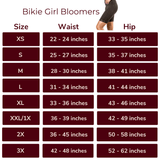 Size chart for Bikie Girl Bloomers showing waist and hip measurements in inches for sizes XS to 3X. XS: 22–24” waist, 33–35” hip; S: 25–27” waist, 35–37” hip; M: 28–30” waist, 38–41” hip; L: 31–34” waist, 41–44” hip; XL: 33–36” waist, 43–46” hip; XXL/1X: 36–39” waist, 42–49” hip; 2X: 36–45” waist, 50–58” hip; 3X: 42–48” waist, 52–62” hip.