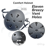 A dark gray bicycle helmet labeled “Comfort Helmet,” showing 11 vent holes in total. Two front vents are near the forehead, seven are arranged in a star-like pattern on top, and two vents are at the rear. Close-up insets highlight the top vents’ radial design and the two rear vents above the adjustment strap. Text reads “Eleven Breezy Vent Holes.”