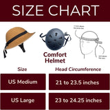 Comfort Helmet size chart showing a straw-hat style bike helmet, the black Comfort base helmet, and a head-measurement diagram. US Medium fits 21 to 23.5 inches and US Large fits 23 to 24.25 inches."