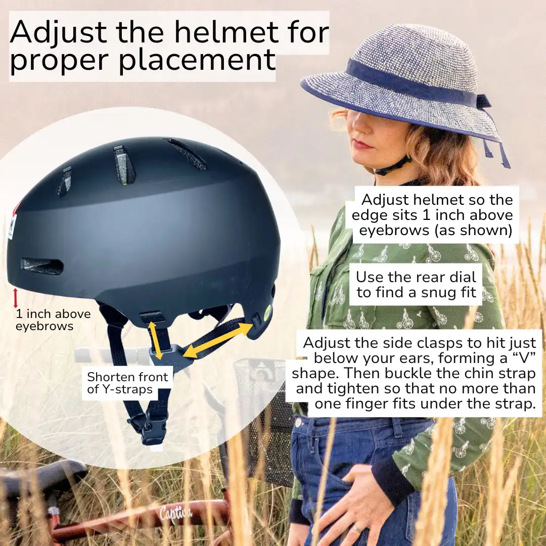 Bike Pretty Straw Hat Helmet Cover in Shibori Blue – diagram showing how to adjust helmet placement 1 inch above eyebrows with Y-straps and chin strap