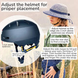 Bike Pretty Straw Hat Helmet Cover in Shibori Blue – diagram showing how to adjust helmet placement 1 inch above eyebrows with Y-straps and chin strap
