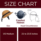 “Size Chart” graphic showing three images in a row: on the left, a straw hat–style bicycle helmet labeled “Size (US Medium),” in the center a dark gray “Comfort Helmet,” and on the right a simple line drawing demonstrating head measurement about 1 inch above the brow and just above the ears. Text below indicates a US Medium fits head circumferences of 21 to 23.5 inches.