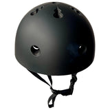 
Front view of a matte black half-dome bicycle helmet with circular and keyhole-shaped vents on top, plus a black chin strap, shown against a white background.