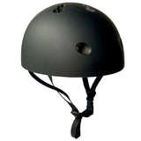 Side view of a matte black, half-dome-style bicycle helmet with multiple circular vents on the top and sides, featuring an adjustable black chin strap, shown against a white background.