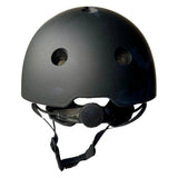 Rear view of a matte black, half-dome-style bicycle helmet with two circular vents in the back, an adjustable dial-fit system, and a black chin strap, shown against a white background.