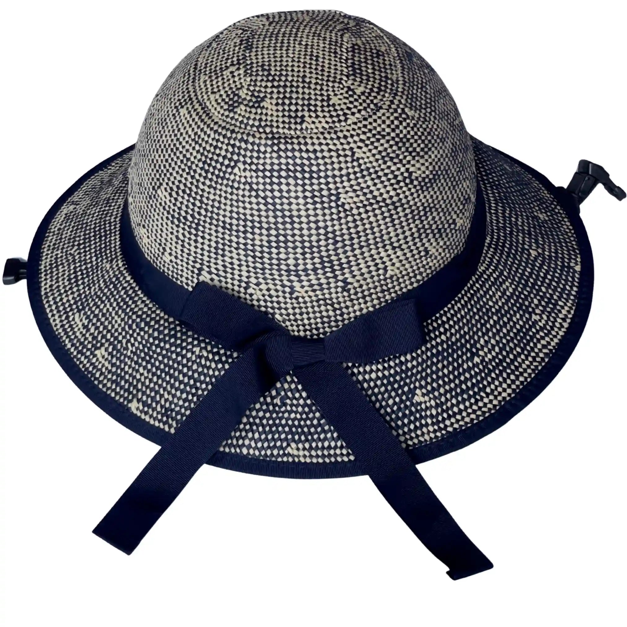 Back view of the Shibori Blue Straw Hat Bike Helmet showing the woven brim and navy ribbon bow.