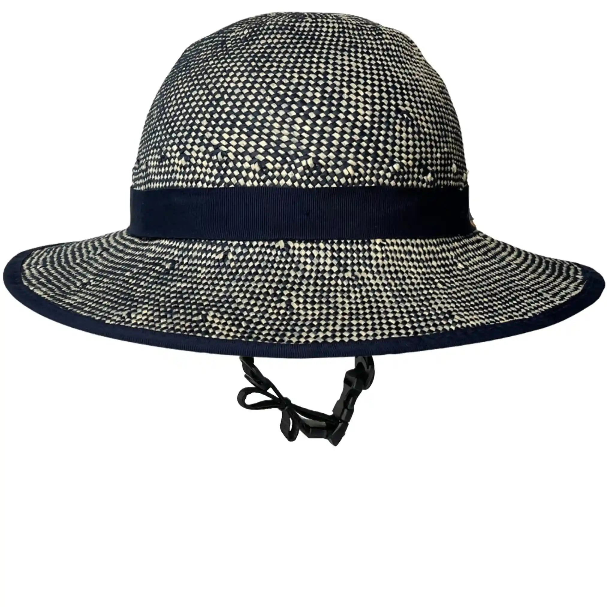 Front view of the Shibori Blue Straw Hat Bike Helmet with navy band and wide brim.