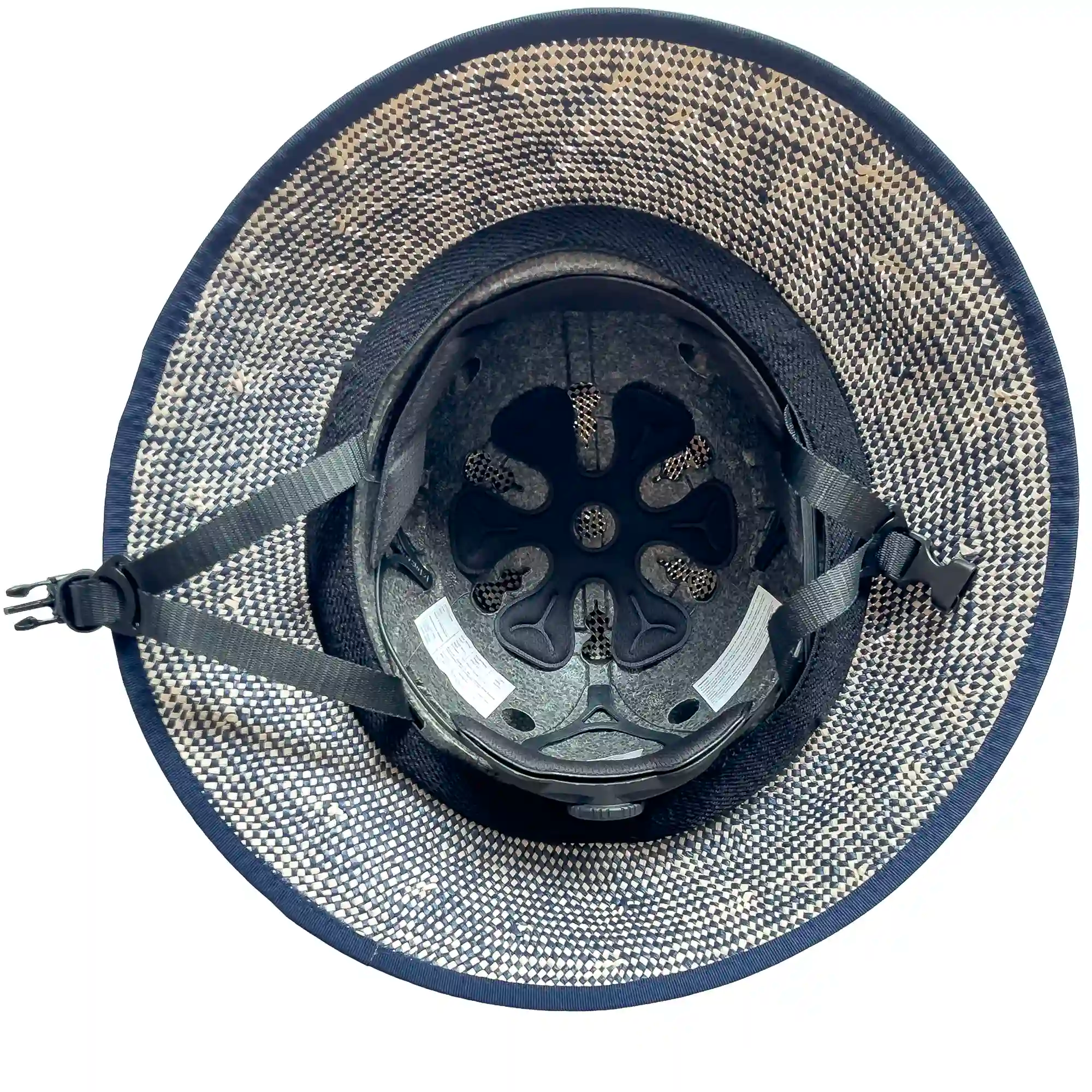 Inside view of the Shibori Blue Straw Hat Bike Helmet showing the Comfort edition base helmet and straps.