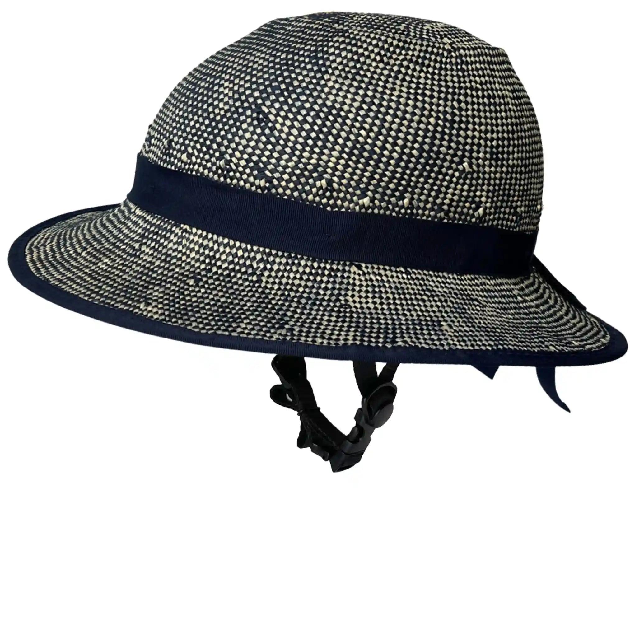 Three-quarter view of the Shibori Blue Straw Hat Bike Helmet highlighting the woven pattern and brim shape.