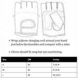 Thousand cycling gloves size guide. Line drawings show the palm and back of a fingerless glove, with a dotted line marking where to measure across the hand just below the knuckles. Instructions: wrap a phone charging cord around your hand just below the knuckles and compare with a ruler; gloves should fit snug but not constricting. Size chart — Small: 20 cm, 7 ½ to 8 inches. Medium: 23 cm, 8 ½ to 9 inches. Large: 25 cm, 9 ½ to 10 inches.
