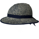 Bike Pretty Straw Hat Helmet Cover in Shibori Blue – navy and white woven brim with ribbon detail