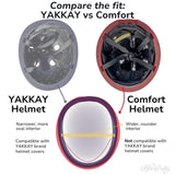 Comparison image showing YAKKAY helmet’s narrow oval interior and the Comfort Helmet’s wider round interior with compatibility notes.