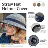 Bike Pretty Straw Hat Helmet Cover in Shibori Blue – features navy twill ribbon bow, secure elastic cuff, and versatile fit for popular helmet brands