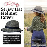 Bike Pretty Straw Hat Helmet Cover in Shibori Blue – woman cycling on beach path, style meets safety
