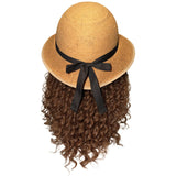 Back view of Bike Pretty Helmet Hair straw hat bike helmet with black ribbon bow and curly hair extensions below