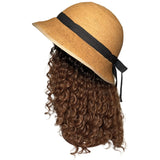 Bike Pretty Helmet Hair straw hat bike helmet with curly hair extensions, side profile view on hat stand.