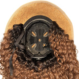 Interior view of Bike Pretty Helmet Hair showing Comfort bike helmet inside straw hat cover with curly hair extensions attached