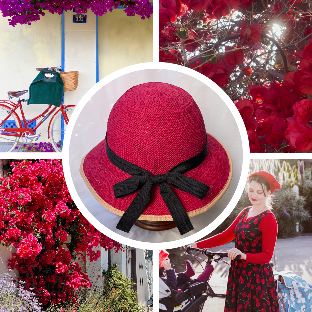 A collage of photos showing a red Straw Hat Bicycle Helmet, flowers and a bicycle.