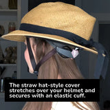Side view of the Bike Pretty straw hat helmet cover styled over a bicycle helmet, highlighting the hat’s shape and ribbon detail.