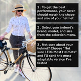 Woman walking her bike while wearing a straw hat helmet cover, with text explaining how to select the correct cover size based on helmet brand, model, and shape.